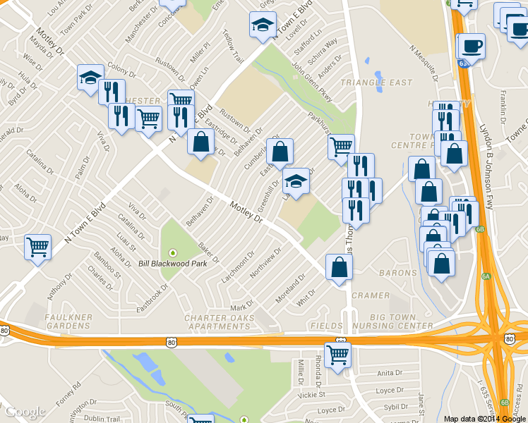 map of restaurants, bars, coffee shops, grocery stores, and more near 2524 Greenhill Drive in Mesquite