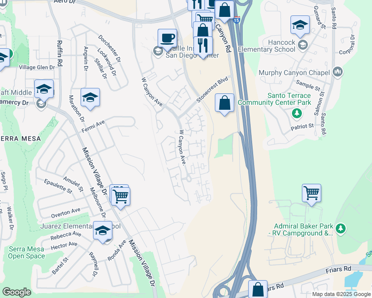 map of restaurants, bars, coffee shops, grocery stores, and more near 2979 West Canyon Avenue in San Diego
