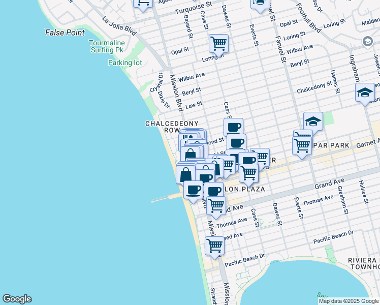 map of restaurants, bars, coffee shops, grocery stores, and more near 4682 Mission Boulevard in San Diego