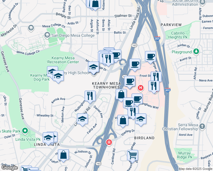 map of restaurants, bars, coffee shops, grocery stores, and more near 7555 Linda Vista Road in San Diego