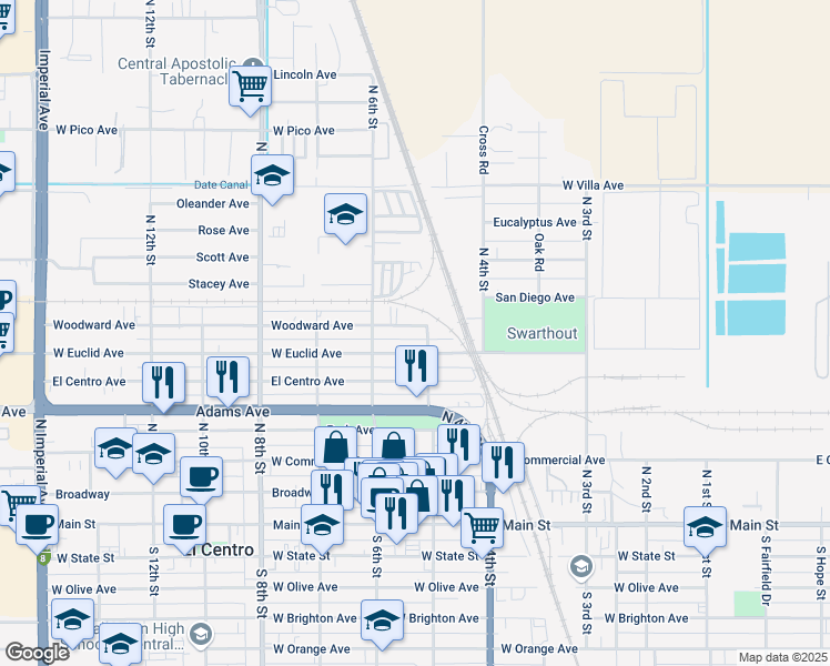 map of restaurants, bars, coffee shops, grocery stores, and more near 519 Woodward Avenue in El Centro