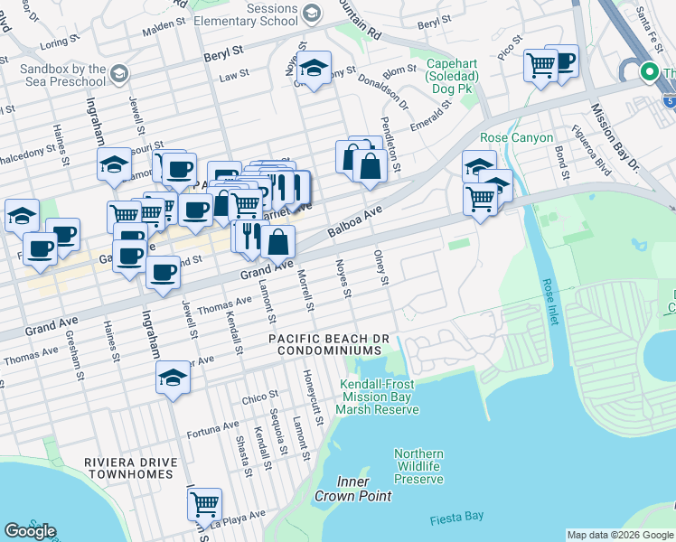 map of restaurants, bars, coffee shops, grocery stores, and more near 2076 Thomas Avenue in San Diego