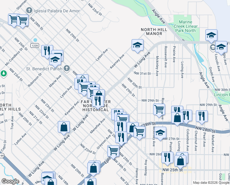 map of restaurants, bars, coffee shops, grocery stores, and more near 2622 Northwest 28th Street in Fort Worth