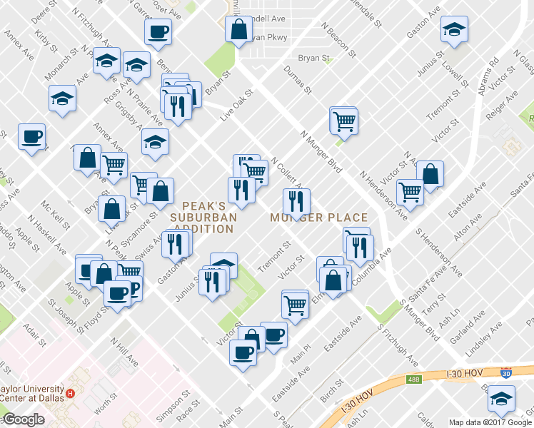 map of restaurants, bars, coffee shops, grocery stores, and more near 4840 Junius Street in Dallas