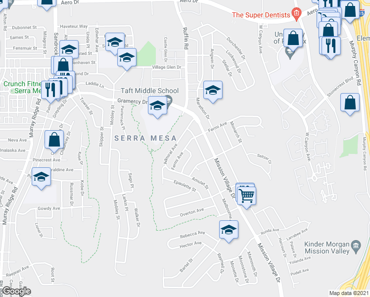 map of restaurants, bars, coffee shops, grocery stores, and more near Fermi Ave & Forrester Ct in San Diego