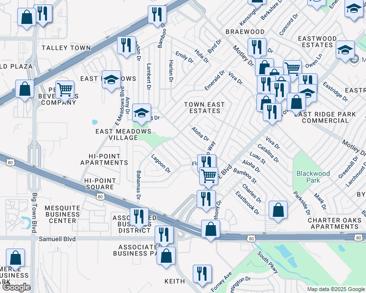 map of restaurants, bars, coffee shops, grocery stores, and more near 2330 Tradewind Drive in Mesquite
