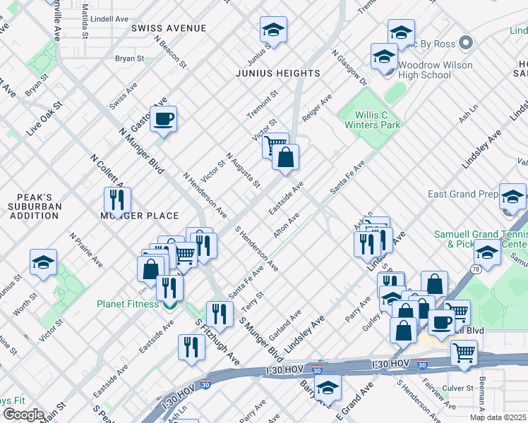 map of restaurants, bars, coffee shops, grocery stores, and more near 5409 Eastside Avenue in Dallas