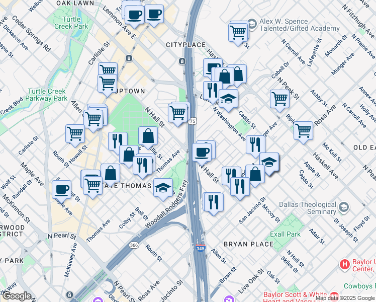 map of restaurants, bars, coffee shops, grocery stores, and more near 2200 North Hall Street in Dallas