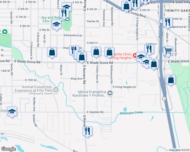 map of restaurants, bars, coffee shops, grocery stores, and more near 1401 Trinity View Street in Irving