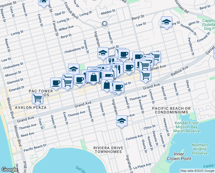 map of restaurants, bars, coffee shops, grocery stores, and more near 1550 Hornblend Street in San Diego