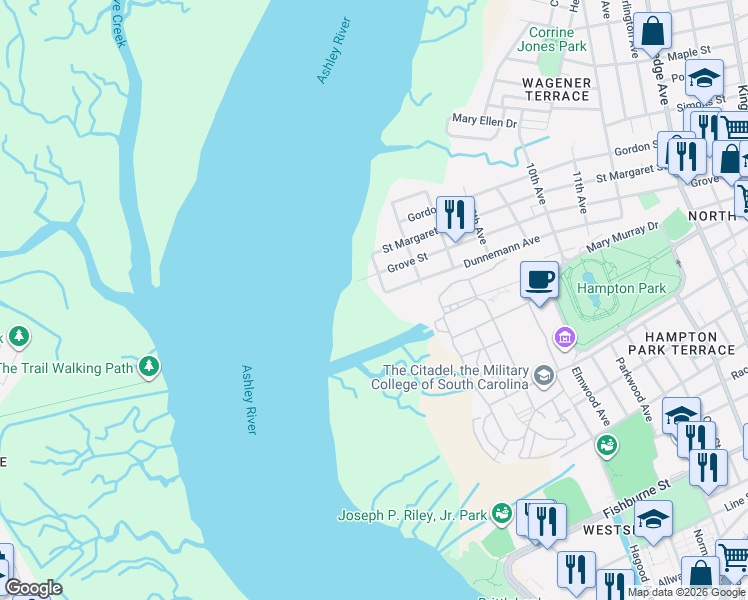 map of restaurants, bars, coffee shops, grocery stores, and more near 3 5th Avenue in Charleston