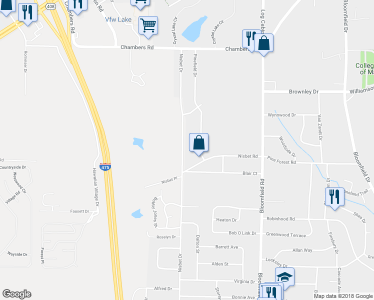 map of restaurants, bars, coffee shops, grocery stores, and more near 5130 Nisbet Drive in Macon