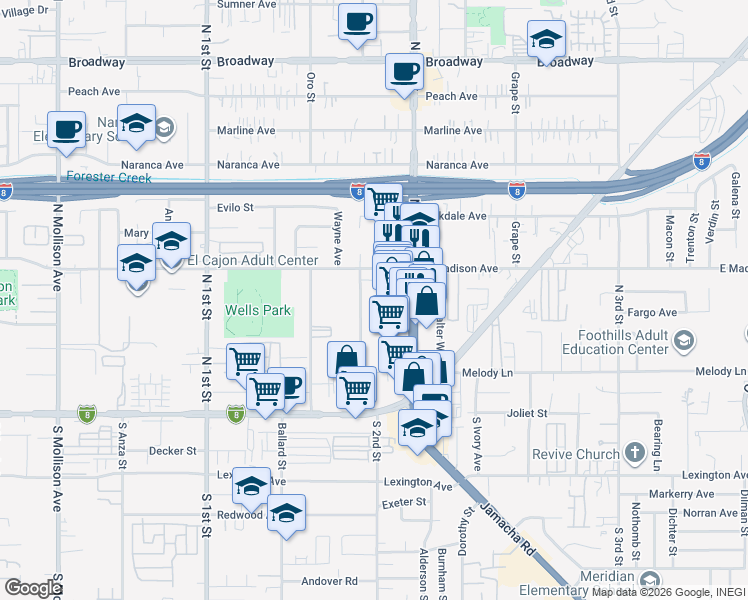 map of restaurants, bars, coffee shops, grocery stores, and more near in El Cajon