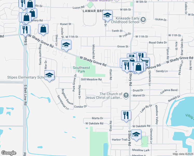 map of restaurants, bars, coffee shops, grocery stores, and more near 2713 Still Meadow Road in Irving