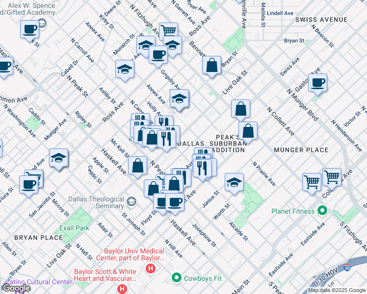 map of restaurants, bars, coffee shops, grocery stores, and more near 4500 Live Oak Street in Dallas