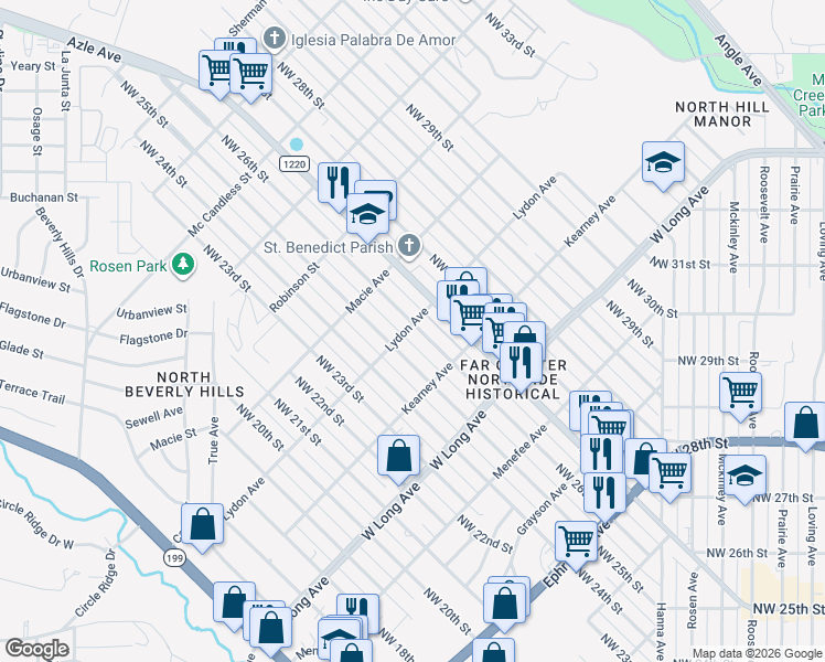 map of restaurants, bars, coffee shops, grocery stores, and more near 2823 Northwest 26th Street in Fort Worth