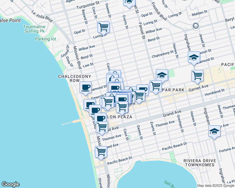 map of restaurants, bars, coffee shops, grocery stores, and more near 4666 Cass Street in San Diego