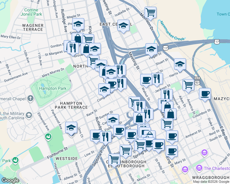 map of restaurants, bars, coffee shops, grocery stores, and more near 723 King Street in Charleston