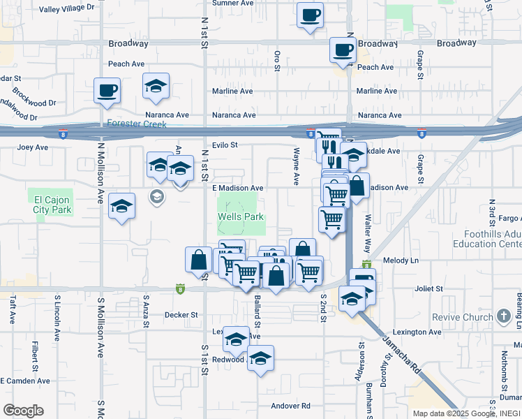 map of restaurants, bars, coffee shops, grocery stores, and more near 1171 East Madison Avenue in El Cajon