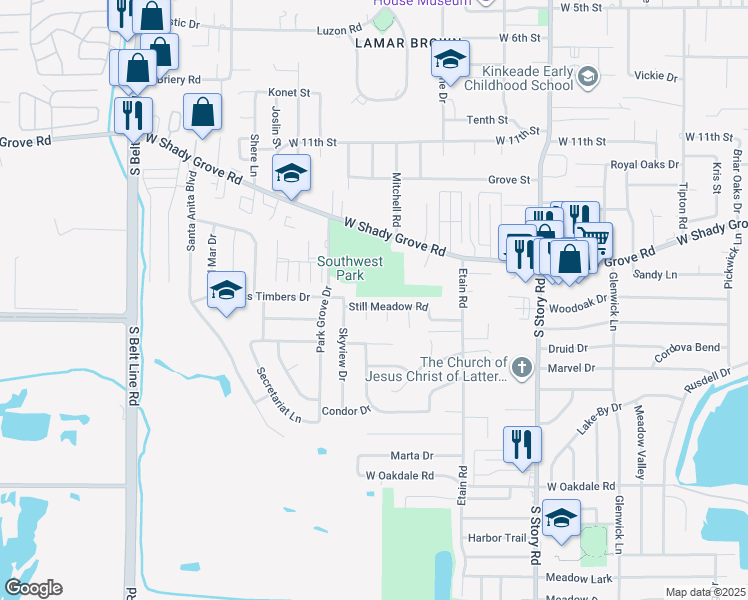 map of restaurants, bars, coffee shops, grocery stores, and more near 2813 Still Meadow Road in Irving