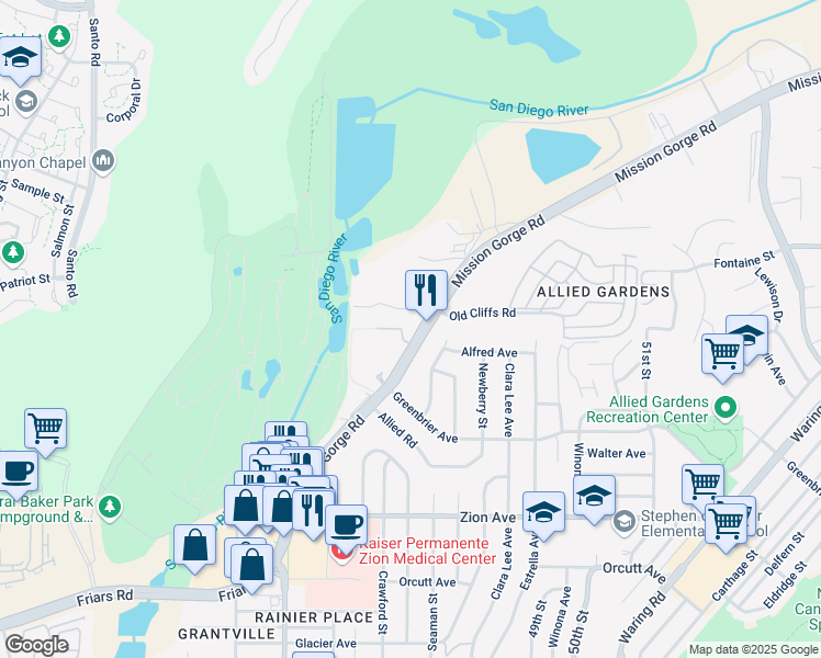 map of restaurants, bars, coffee shops, grocery stores, and more near 6902 Mission Gorge Road in San Diego