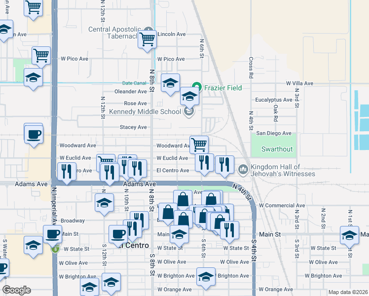 map of restaurants, bars, coffee shops, grocery stores, and more near 665 Woodward Avenue in El Centro