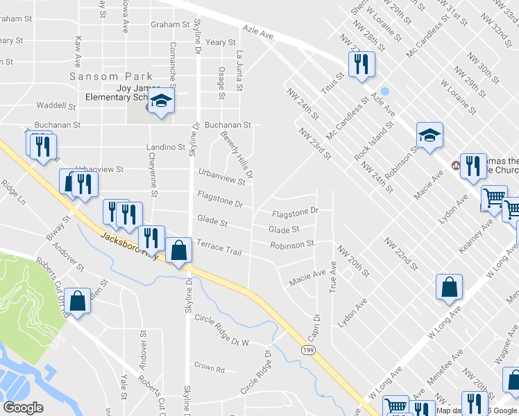 map of restaurants, bars, coffee shops, grocery stores, and more near Mc Candless St & Flagstone Dr in Fort Worth