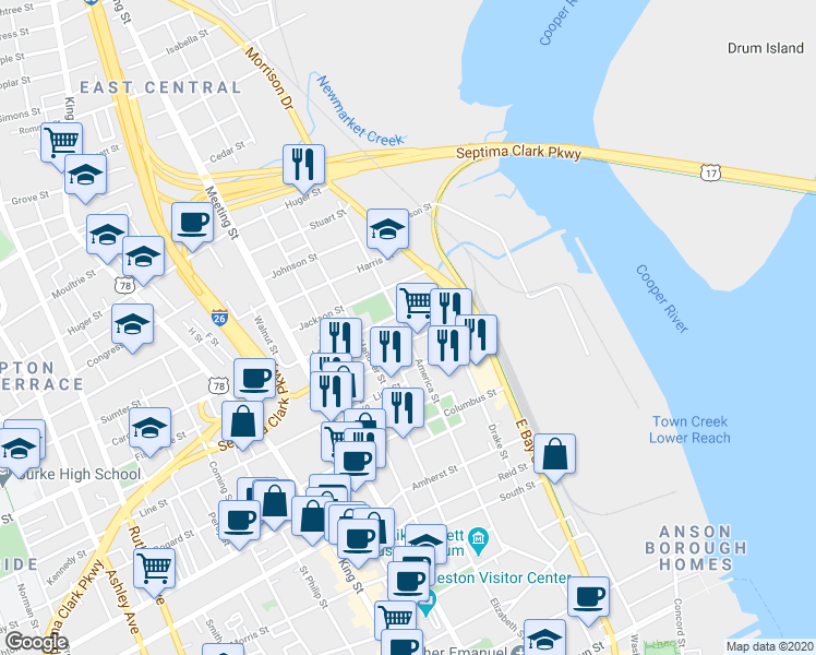 map of restaurants, bars, coffee shops, grocery stores, and more near 121 America Street in Charleston