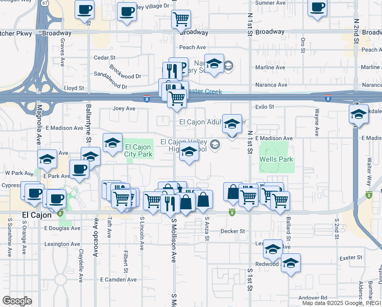 map of restaurants, bars, coffee shops, grocery stores, and more near 385 Dominguez Way in El Cajon