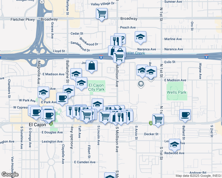 map of restaurants, bars, coffee shops, grocery stores, and more near 380 North Mollison Avenue in El Cajon