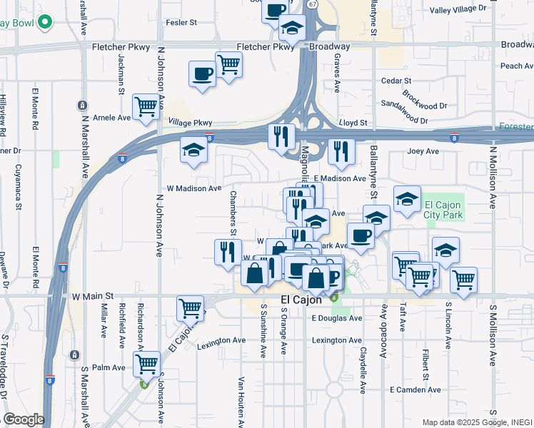 map of restaurants, bars, coffee shops, grocery stores, and more near 299 Wisconsin Avenue in El Cajon