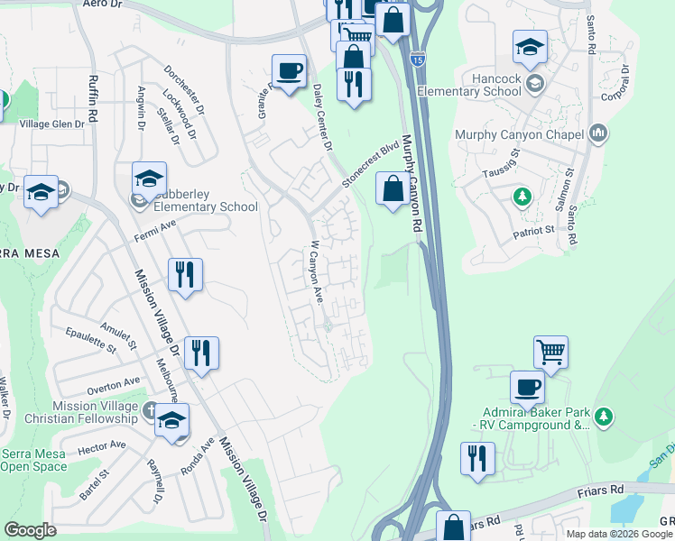 map of restaurants, bars, coffee shops, grocery stores, and more near 2941 West Canyon Avenue in San Diego
