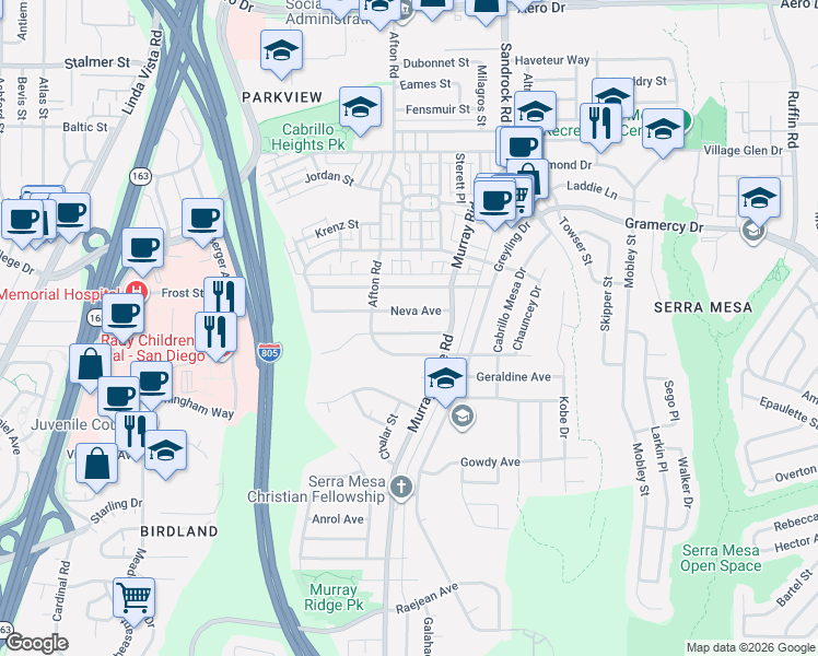 map of restaurants, bars, coffee shops, grocery stores, and more near 8562 Onalaska Avenue in San Diego