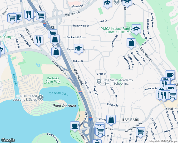 map of restaurants, bars, coffee shops, grocery stores, and more near 3305 Lloyd Street in San Diego