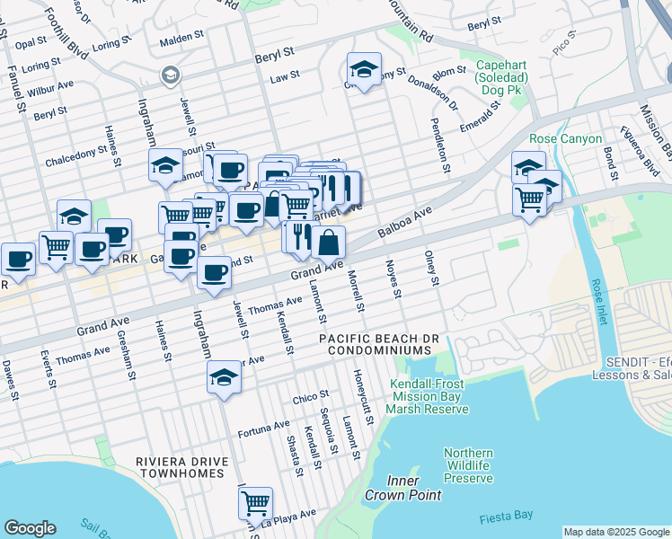 map of restaurants, bars, coffee shops, grocery stores, and more near 1919 Grand Avenue in San Diego