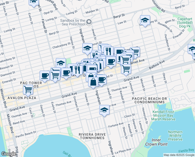 map of restaurants, bars, coffee shops, grocery stores, and more near in San Diego