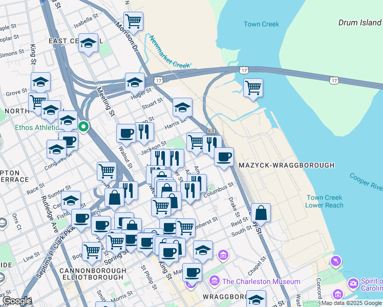 map of restaurants, bars, coffee shops, grocery stores, and more near 121 America Street in Charleston