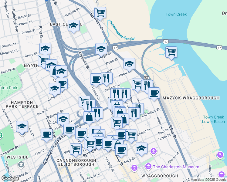 map of restaurants, bars, coffee shops, grocery stores, and more near 201 Nassau Street in Charleston