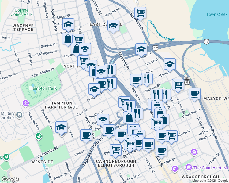 map of restaurants, bars, coffee shops, grocery stores, and more near 30 F Street in Charleston