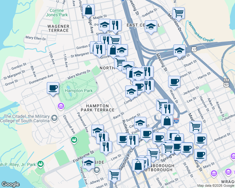 map of restaurants, bars, coffee shops, grocery stores, and more near 633 Rutledge Avenue in Charleston