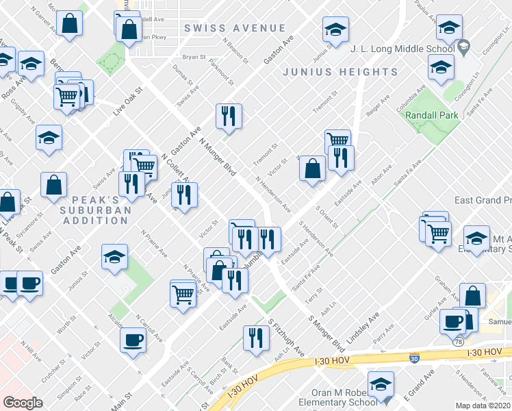 map of restaurants, bars, coffee shops, grocery stores, and more near 5119 Reiger Avenue in Dallas