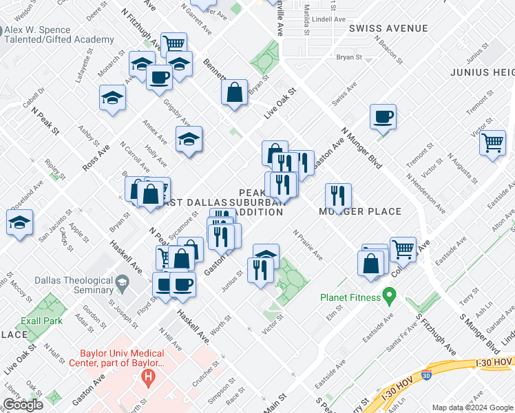map of restaurants, bars, coffee shops, grocery stores, and more near 4803 Gaston Avenue in Dallas
