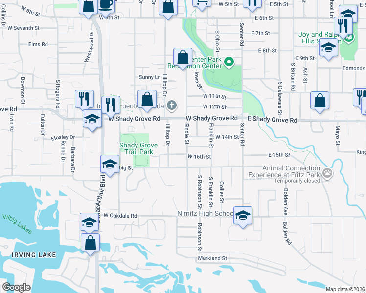 map of restaurants, bars, coffee shops, grocery stores, and more near 501 West 16th Street in Irving