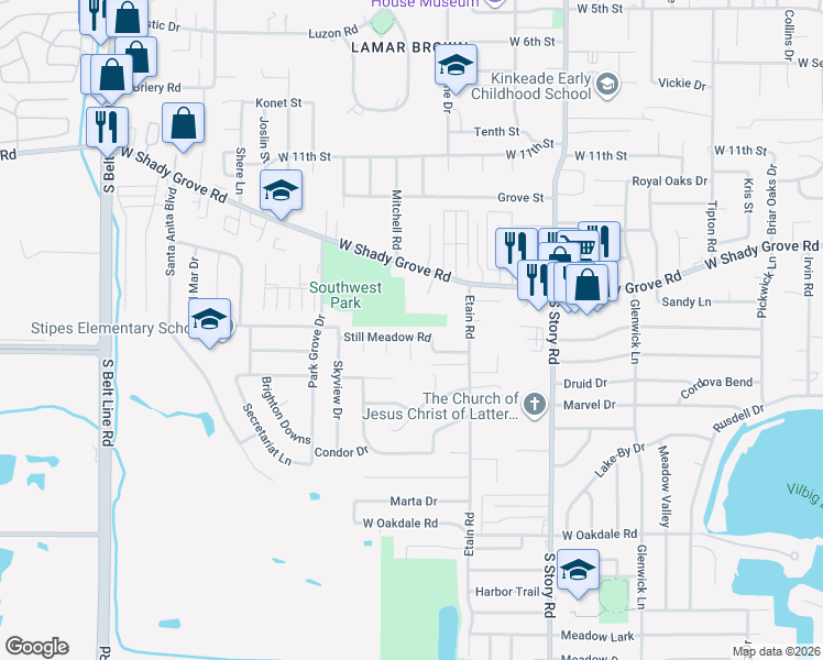 map of restaurants, bars, coffee shops, grocery stores, and more near 2713 Still Meadow Road in Irving