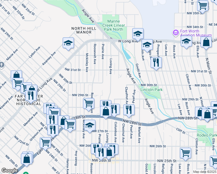 map of restaurants, bars, coffee shops, grocery stores, and more near 2962 Prairie Avenue in Fort Worth