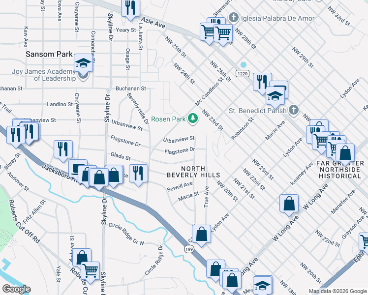 map of restaurants, bars, coffee shops, grocery stores, and more near 4908 Flagstone Drive in Fort Worth
