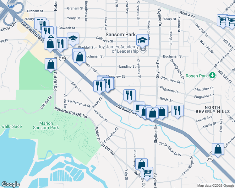 map of restaurants, bars, coffee shops, grocery stores, and more near 5524 Jacksboro Highway in Fort Worth