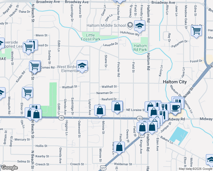 map of restaurants, bars, coffee shops, grocery stores, and more near 4521 Walthall Drive in Haltom City