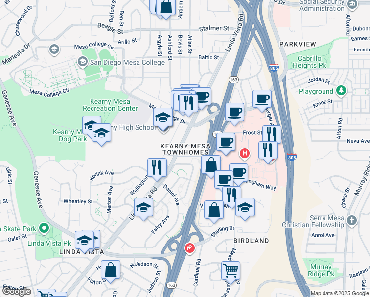 map of restaurants, bars, coffee shops, grocery stores, and more near 7555 Linda Vista Road in San Diego