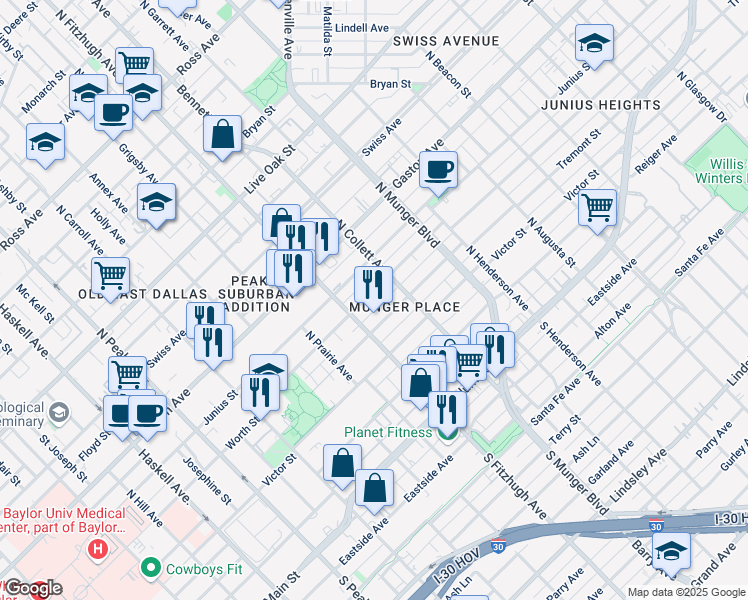 map of restaurants, bars, coffee shops, grocery stores, and more near 4920 Worth Street in Dallas
